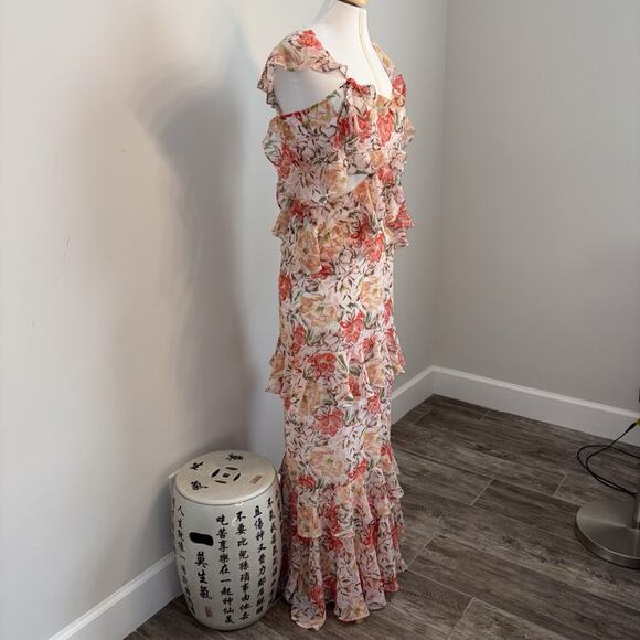 WAYF Floral Chiffon Ruffle Cutout Maxi Dress Romatic Tiered Pink Fairy Whimsy Sm - Picture 5 of 16